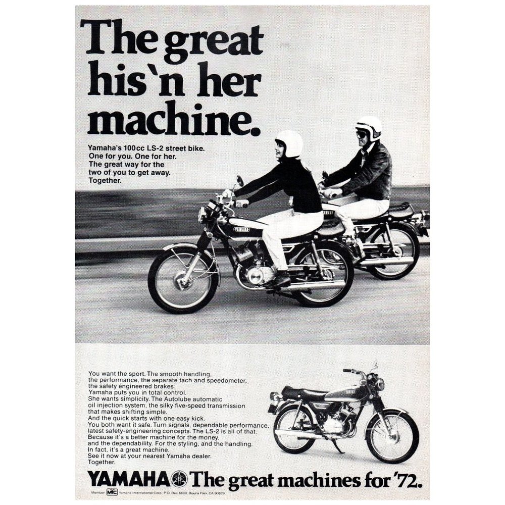 1972 Yamaha LS-2 100cc Motorcycle Motor Bike His Her Vintage Print Ad Wall Art